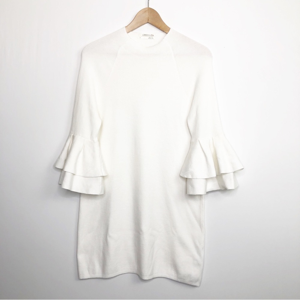 Anthropologie ivory knit double ruffle sleeve winter white dress